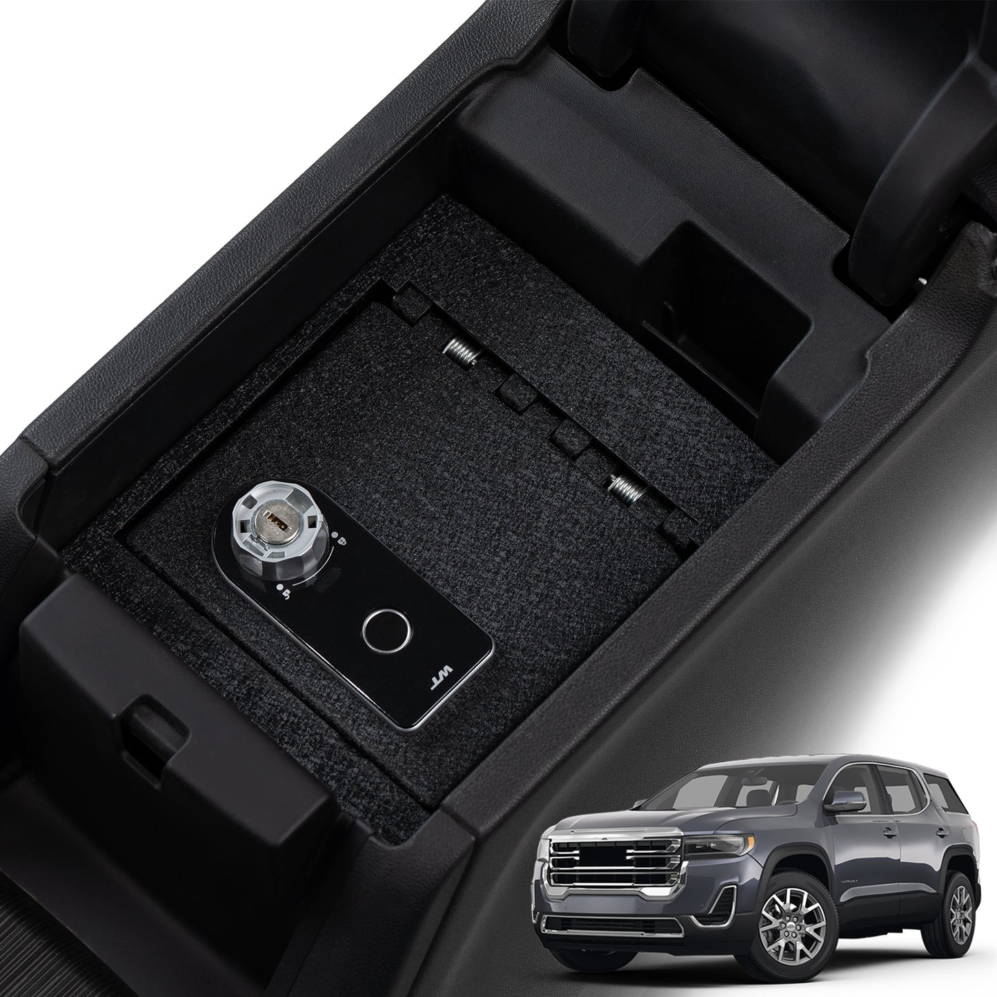 Center Console Gun Safe for 2017-2023 GMC Acadia, Fingerprint Lock with Key