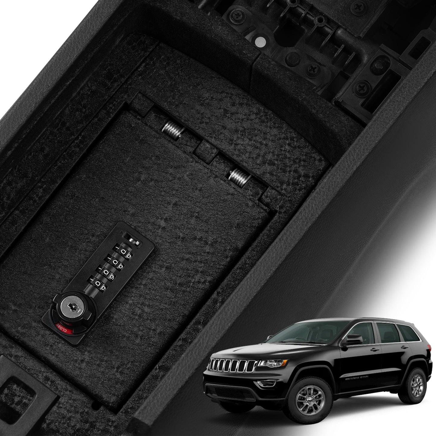 Center Console Safe Gun Safe for 2011-2022 Jeep Grand Cherokee and Dodge Durango, 4-Digit Combination Lock with Key