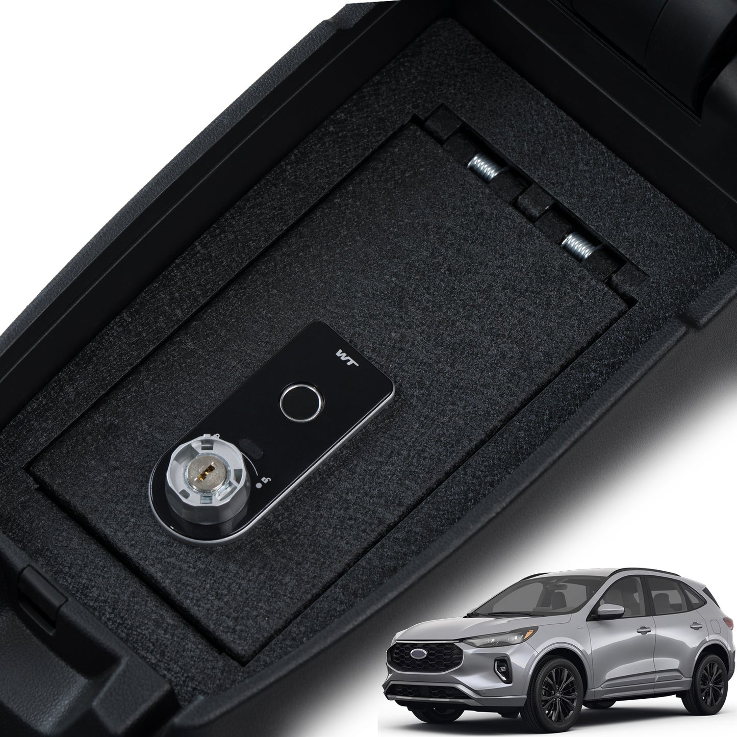 Center Console Gun Safe for 2020-2025 Ford Escape, Fingerprint Lock with Key