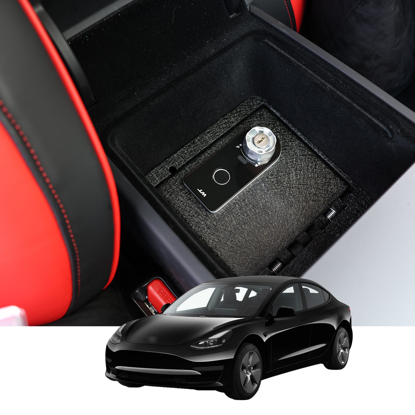 Center Console Gun Safe for 2024-2025 Tesla Model 3, Fingerprint Lock with Key