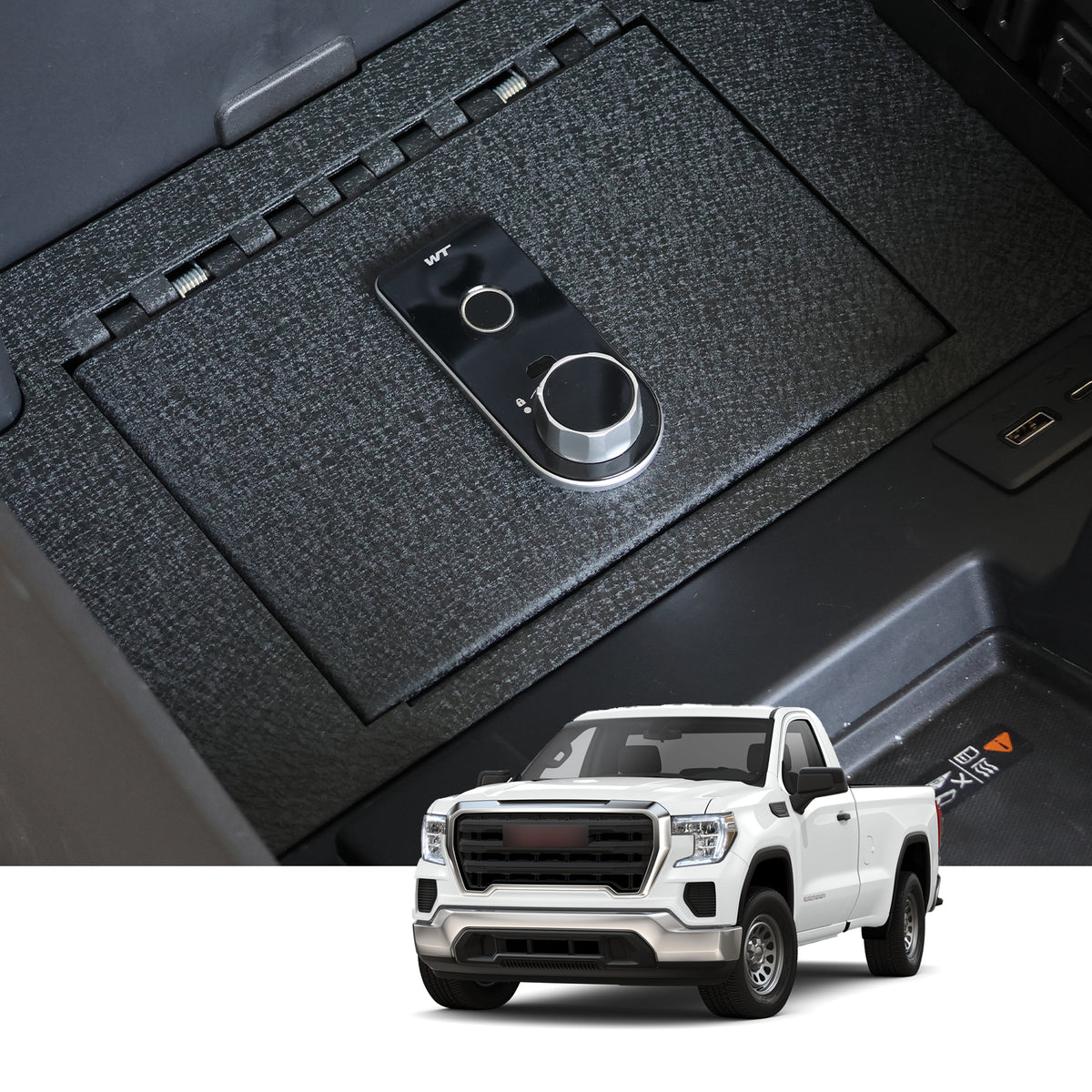 Console Safe | Chevrolet Silverado 1500/2500HD/3500HD 2023–26 | GMC Sierra 1500/2500/3500 2023–26 | Chevrolet Silverado 1500 2022 | GMC Sierra 1500 2022 | Fingerprint + Backup Key