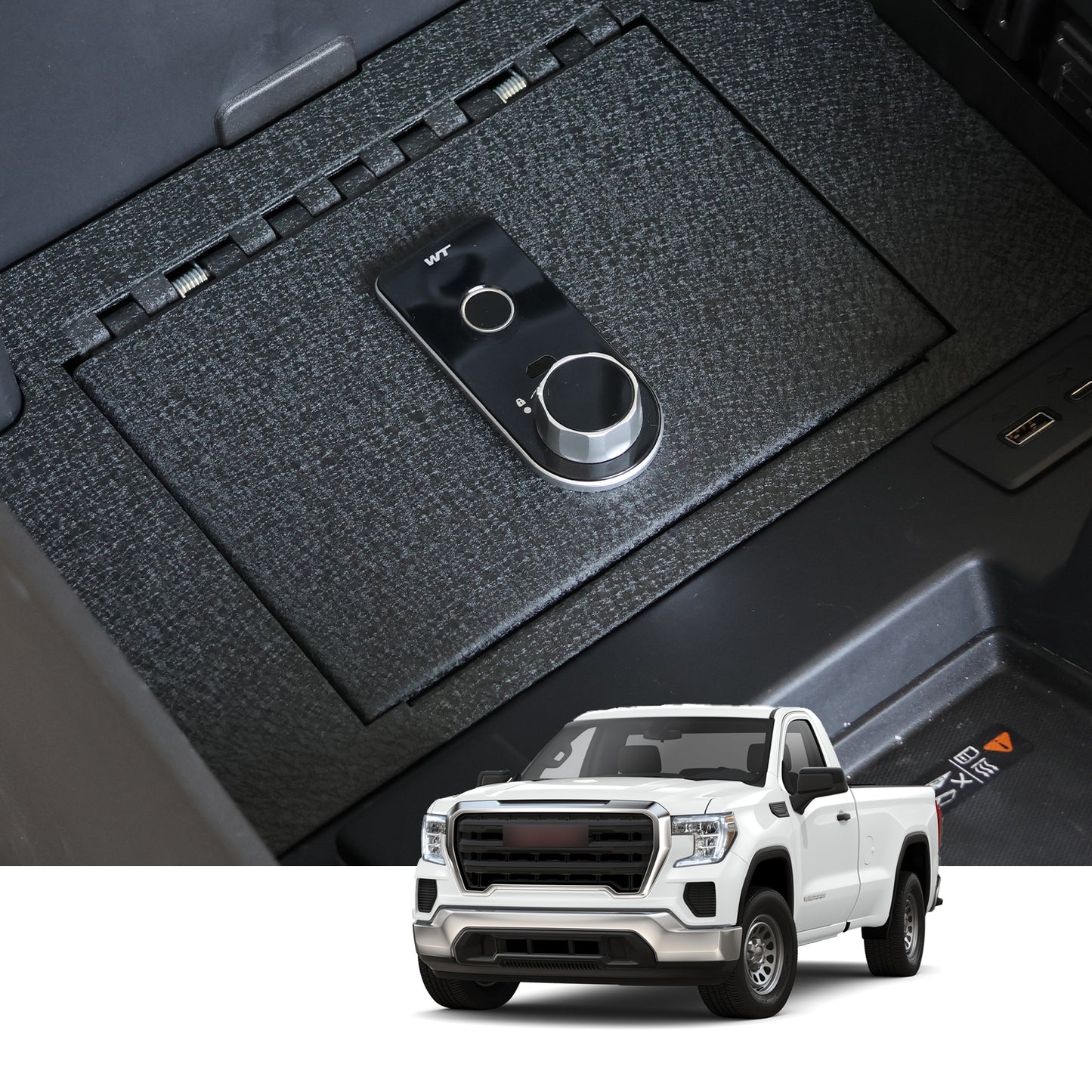 Center Console Safe Gun Safe for 2023-2026 Chevy Silverado 1500,2500HD,3500HD/GMC Sierra 1500, Fingerprint Lock with Backup Key.