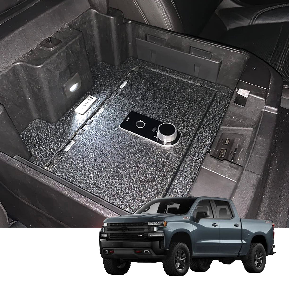 Console Safe | Chevrolet Silverado 1500 2019–22 | GMC Sierra 1500 2019–22 | Chevrolet Silverado 2500 2020–23 | GMC Sierra 2500 2020–23 | Chevrolet Silverado 2022 | GMC Sierra 2022 | Chevrolet Silverado 1500 2023 | GMC Sierra 1500 2023 | Fingerprint + Key