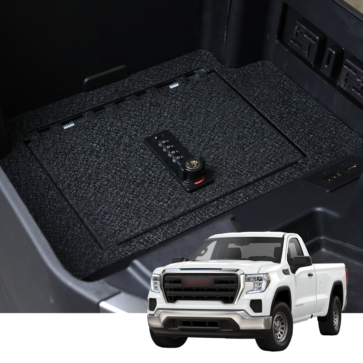 Caja fuerte para consola central para armas para Chevy Silverado 1500,2500HD,3500HD/GMC Sierra 1500 2023-2024, cerradura de combinación de 4 dígitos con llave de respaldo.